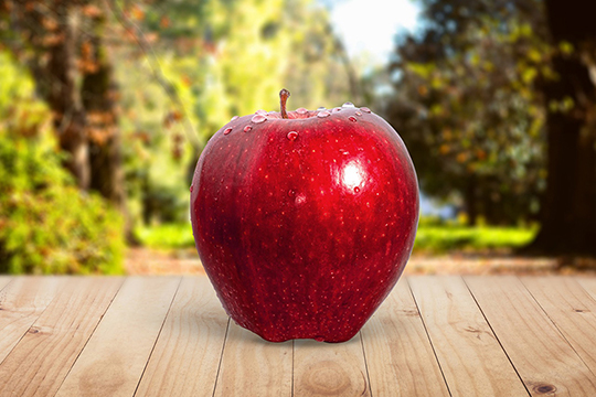 An apple on a table with trees in the background.